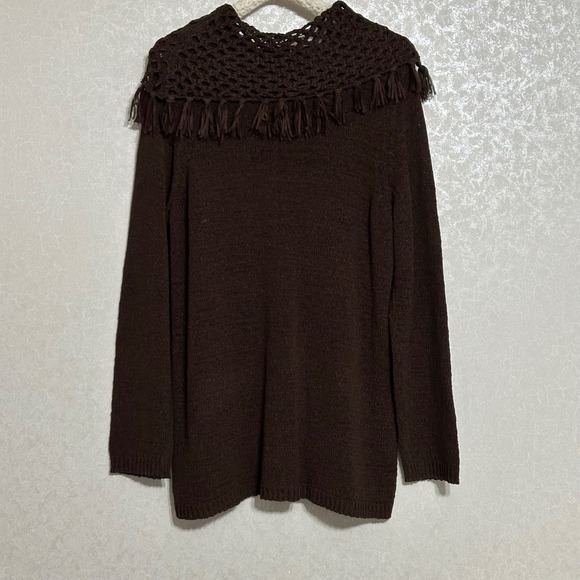 Multiples 1X Brown Knit Long Sleeve Sweater Cowl Neck Crochet Collar Fringe Trim - Picture 2 of 4